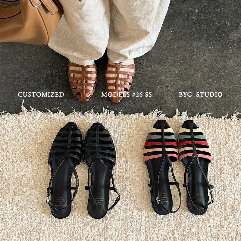 2026 new summer women sandals natural leather plus size 22-25.5cm cowhide+sheepskin pointed toe back-buckle women shoes fashion