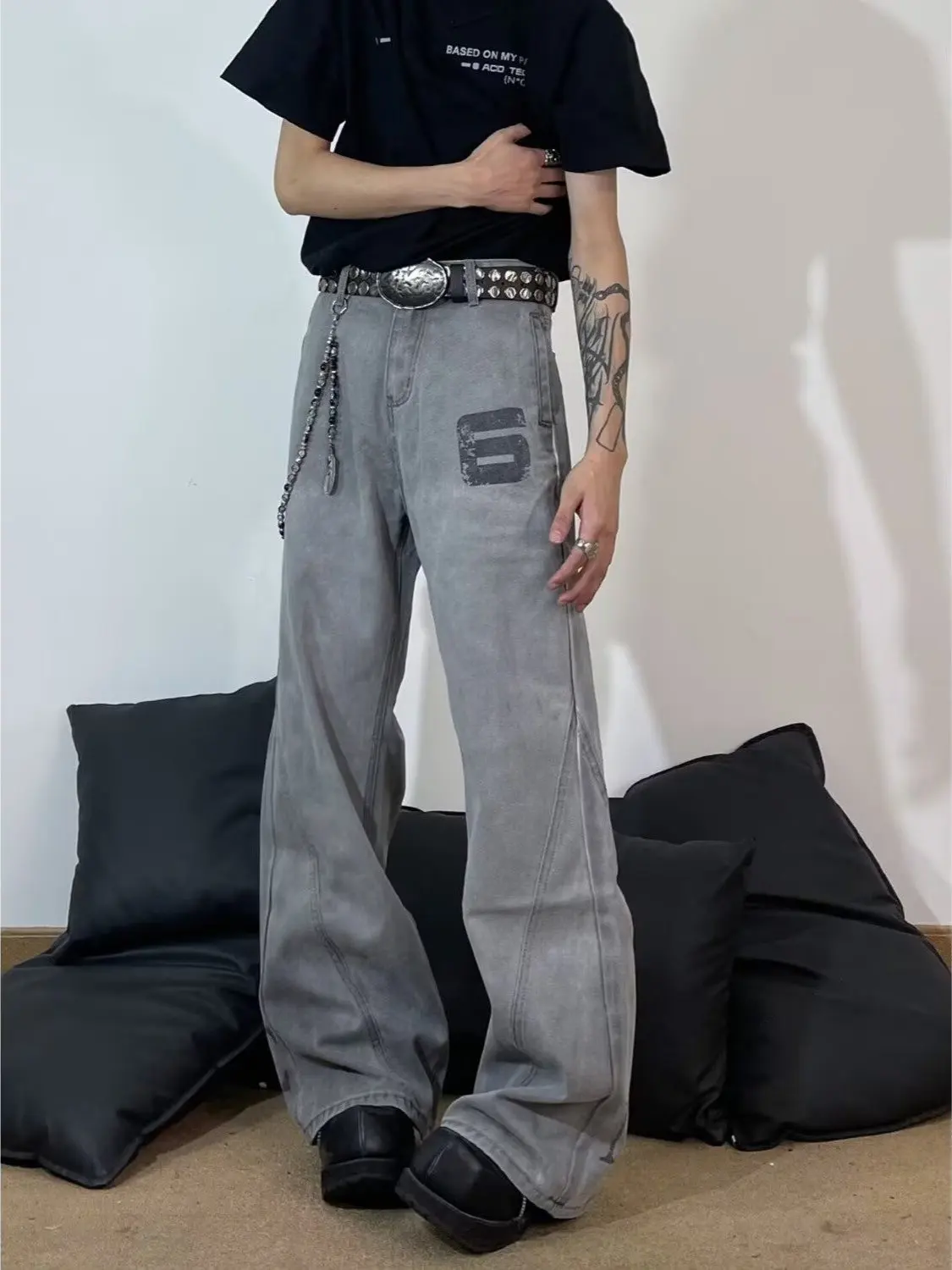 

Washed Grey Wide Leg Hip Hop Printed Jeans Men Women Design Sensation Trendy Brand Micro Flared Pants Casual Straight Cut