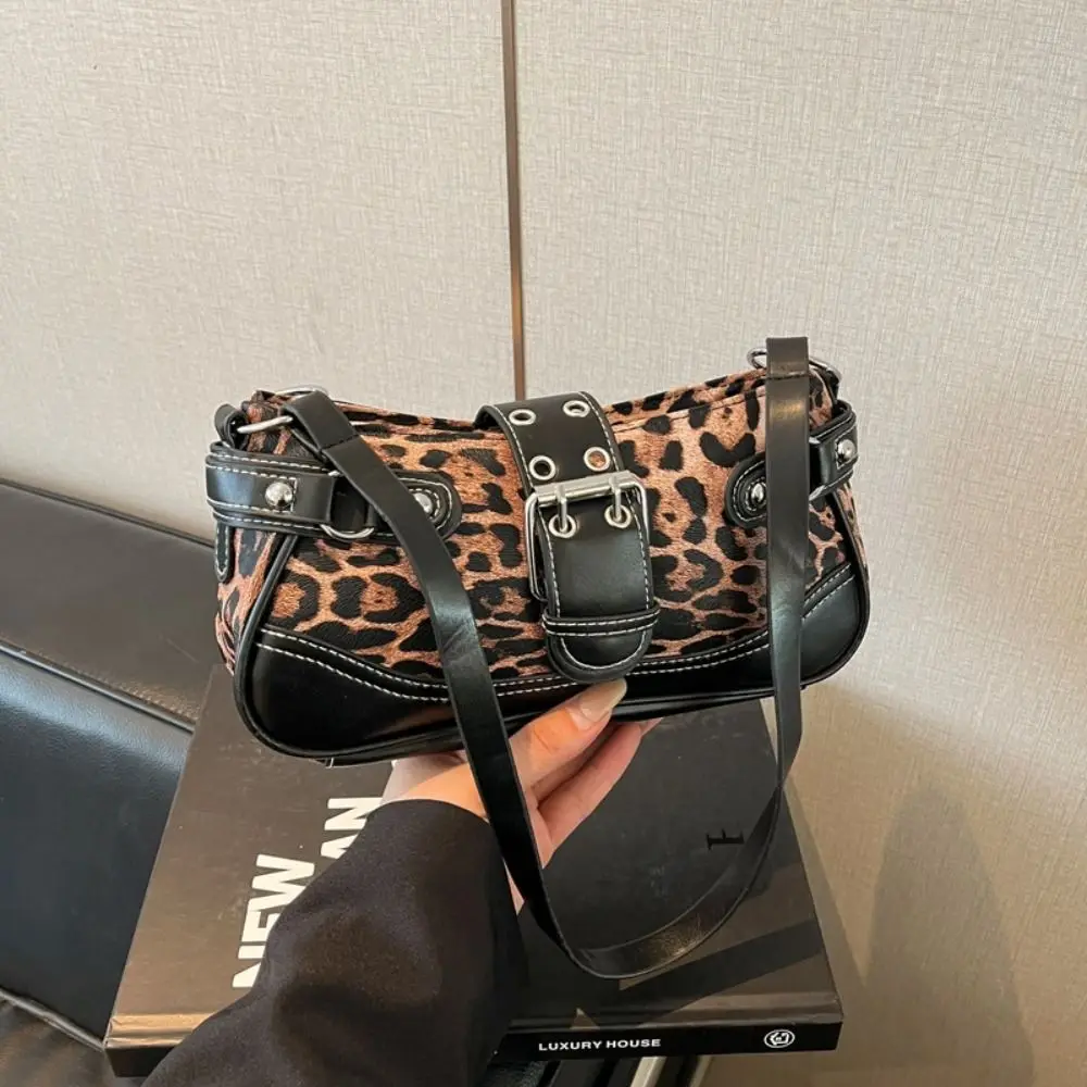 Trend Y2K Leopard Print Shoulder Bag Spicy Girl Pu Leather Motorcycle Bag Korean Fashion Vintage Armpit Bag Streetwear