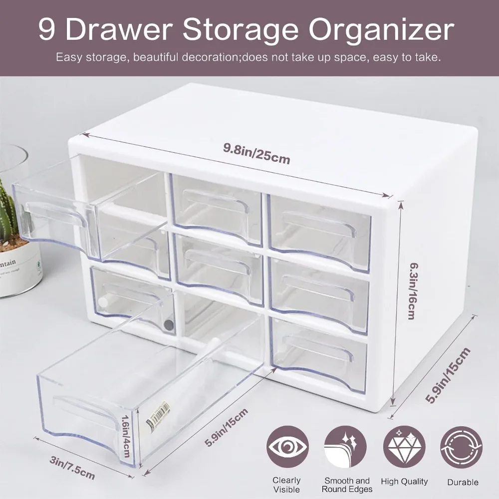 9-Drawer Clear Desk Storage Organizer, Stackable Plastic Cabinet for Office, Makeup, Craft Supplies, 9.8x6.3x5.9in White
