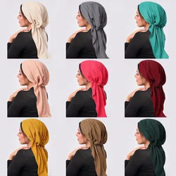 Ramadan Crinkle Muslim Hijab Caps Wrap Head Soft Elastic Long Tail Turban Bonnet Fashion Solid Color Headdress Wearable