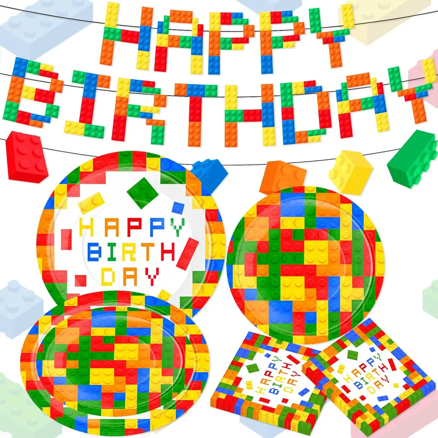 41 Piezas de Vajilla de Papel para Fiesta de Bloques de Construcción, Platos y Servilletas de Cumpleaños, Guirnalda de Bloques de Construcción para Cumpleaños