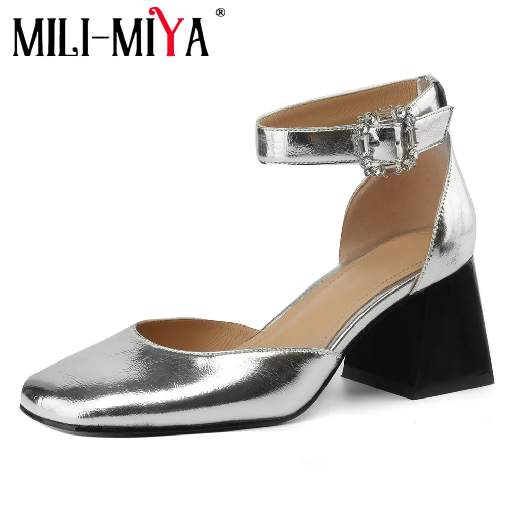 MILI-MIYA New Arrival Mary Janes Shoes Women Full Genuine Leather Pumps Thick Heels Ankle Wrap Crystal Buckle Strap Handmade