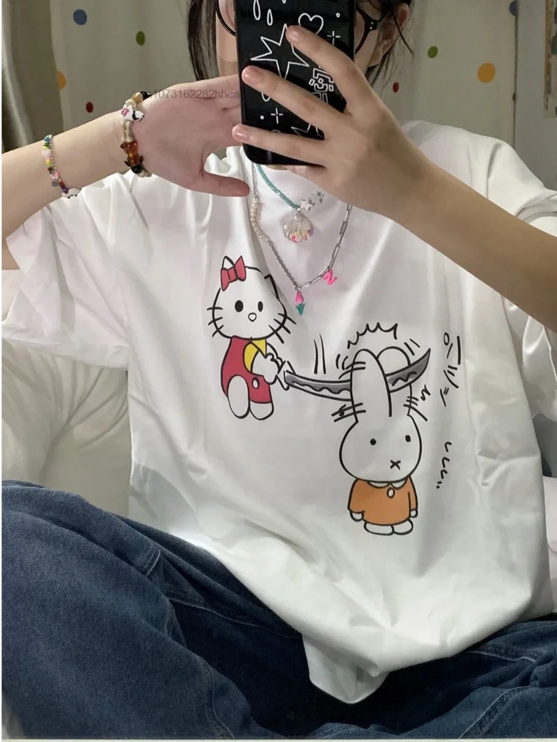 Sanrio Hello Kitty Rabbit Cotton White T-shirt Y 2k Punk New INS Fashion Cartoon Goth Funny Graphic Tees Top Girls Korean Style