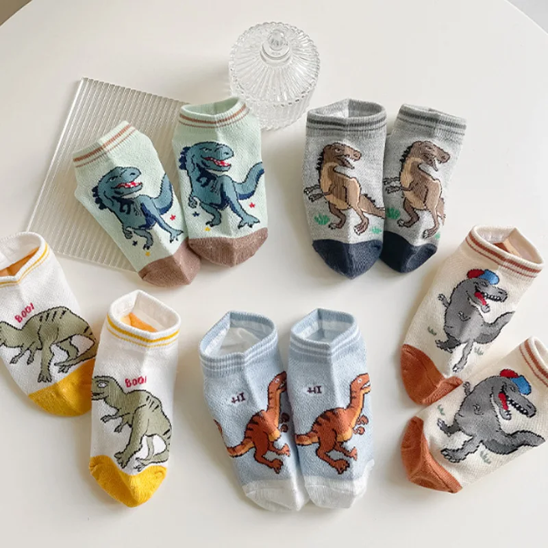 5 pairs, boys socks, dinosaur pattern socks comfortable breathable casual, children socks