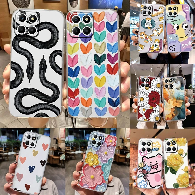 Love Black Snake Cartoon Animal Flower Phone Case For Huawei Honor X8 4G X6 X8 X6a X6b X8a X8b 5G Soft Silicone Printed Cover