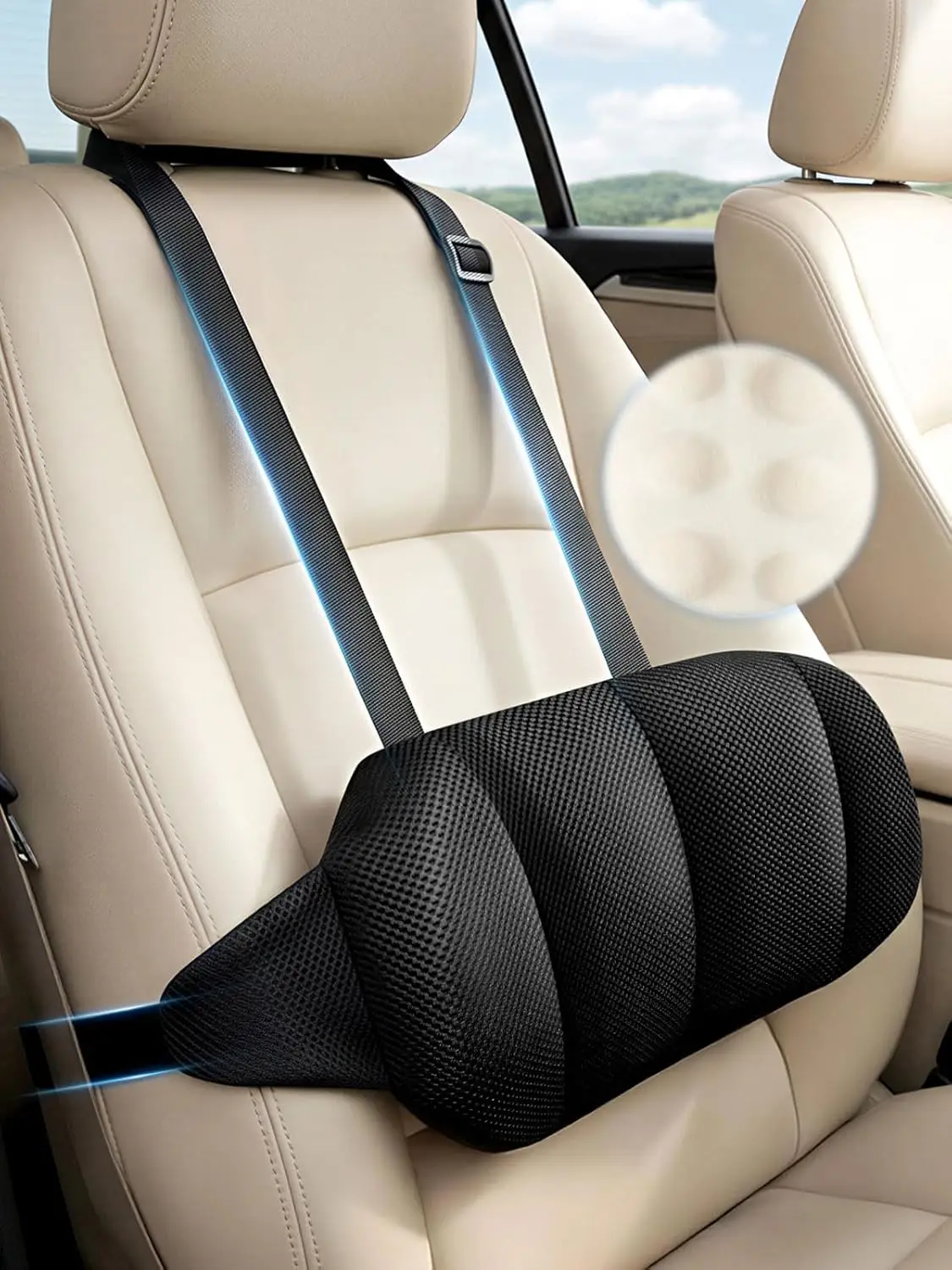 

Adjustable Car Seat Lumbar Support Pillow Dual Straps Memory Foam Lower Back Waist Support Cushion