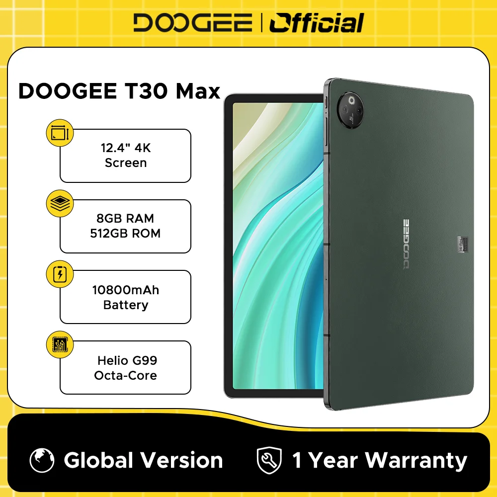 DOOGEE-T30 Max Android Tablet, T30 Max, Liga de Alumínio, Mudança Universal, 4K, 20GB, 8 GB, 12GB, 512GB, 14 Dual Camera, 10800mAh, 33W, 12,4"