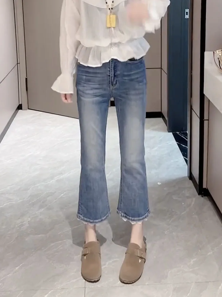 Jeans in denim blu dimagranti a vita alta Pantaloni estivi sottili micro svasati da donna Jeans casual in misto cotone