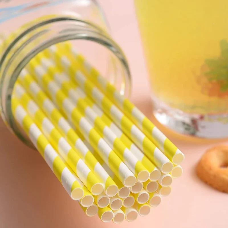 50Pcs Yellow Stripes Paper Straws, Biodegradable Disposable Drinking Straws for Christmas, Brithday, New Year, Party Decoration