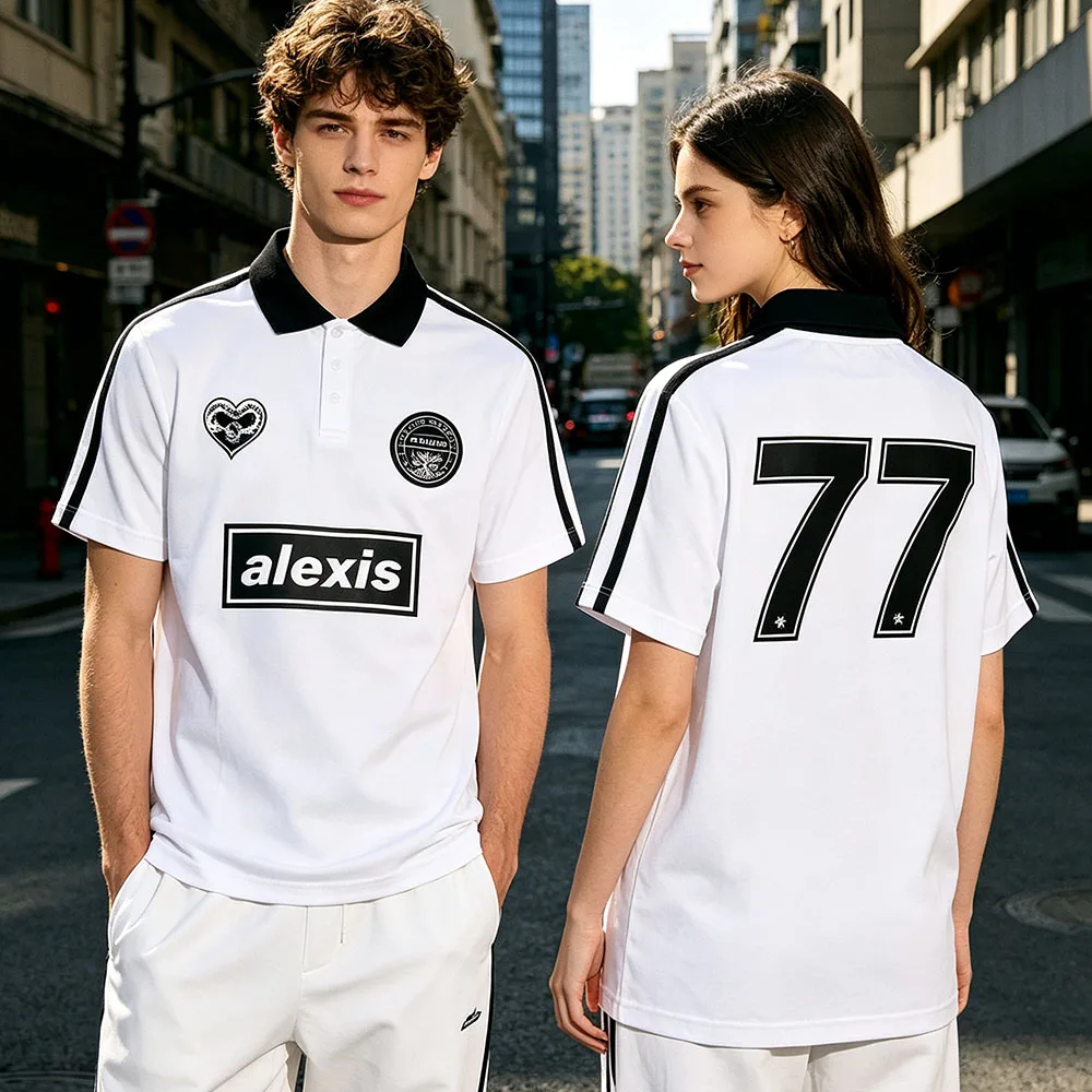 ALEXISONFIRE Letter 77 Number Print Polo Soccer Jersey Men Women Short Sleeve Streetwear Couple Football Sports Uniform Shirts