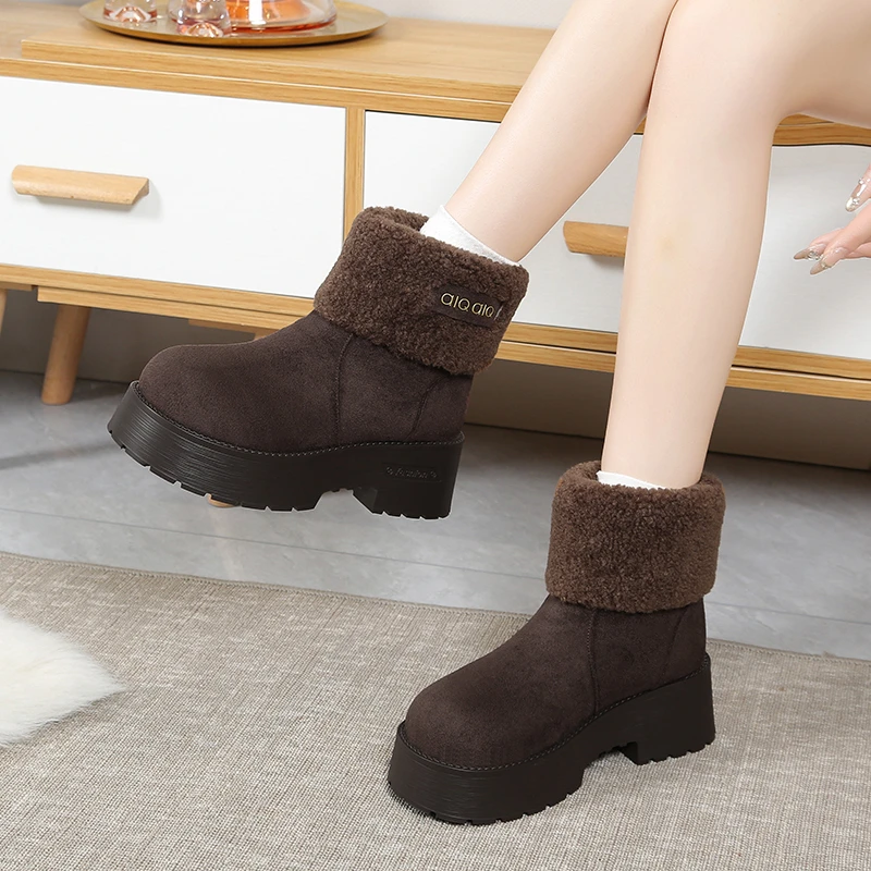 

Модные короткие зимние ботинки на толстой подошве, женские зимние новые стильные плюшевые хлопковые туфли на флисовой подкладке, повседневные ботинки с круглым носком