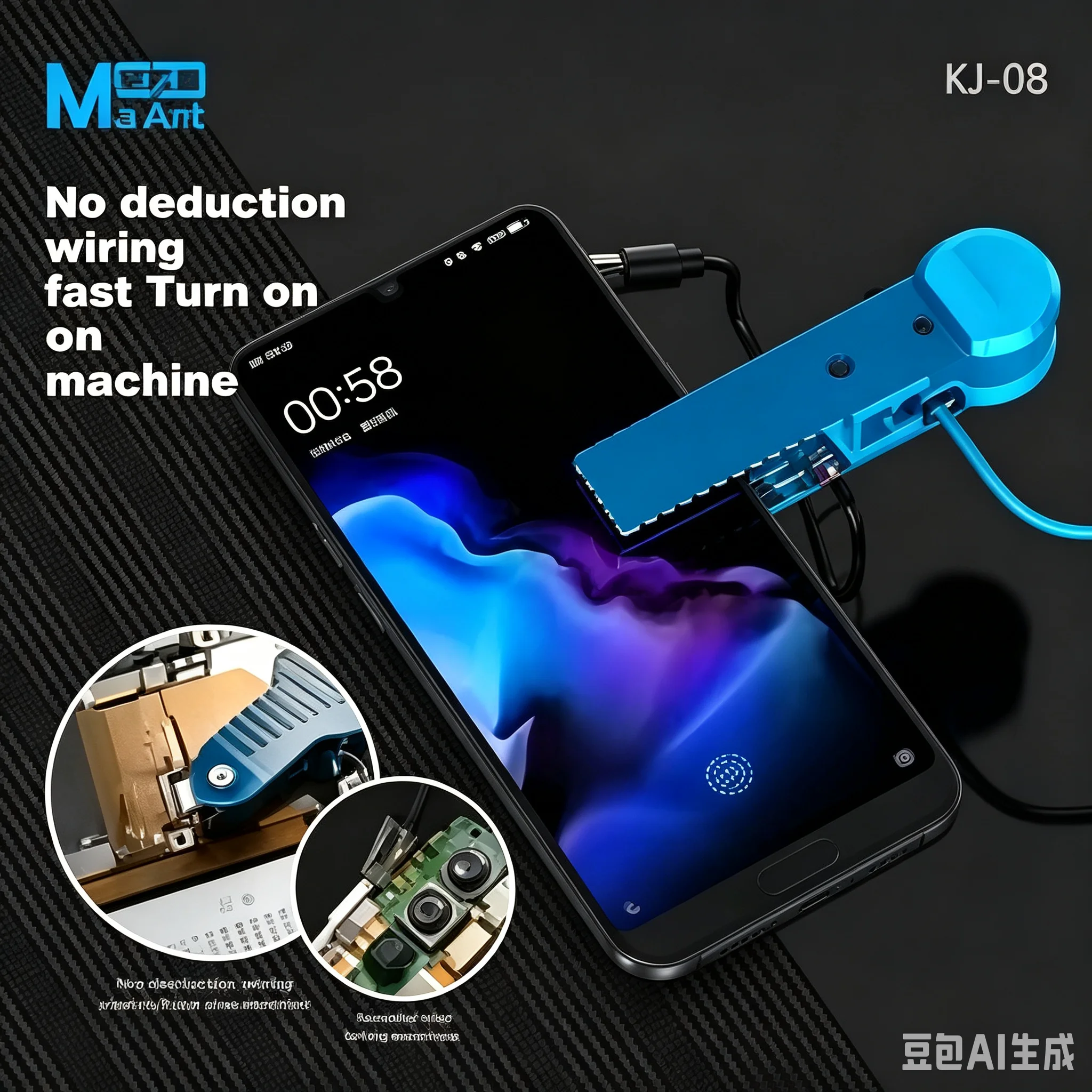 MaAnt KJ-08 Mobile Phone Repair Power-On Cable – features a dedicated power button for quick, one-clip power-on during repairs.