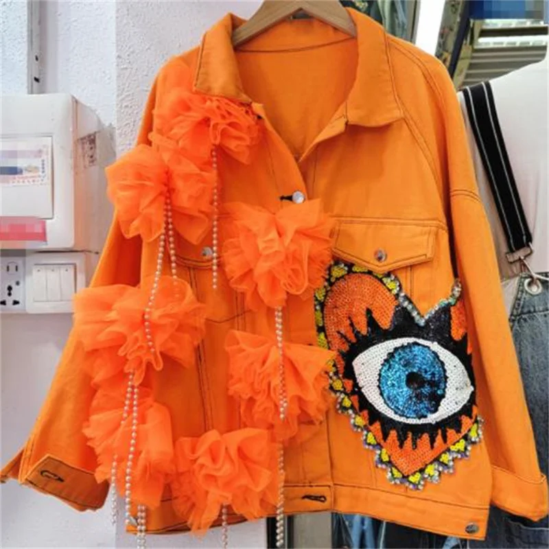 

New Design Patchwork Mesh Sequin Eyes Cropped Denim Jacket Orange Loose Single Breasted Jacket