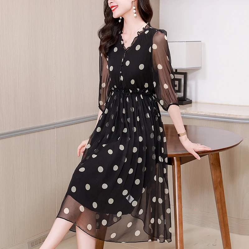 Elegant Fashion Dresses for Women Summer 2026 V-neck Black Dot Print Holiday Dress A-line 100% Real Silk Women's Long Dress