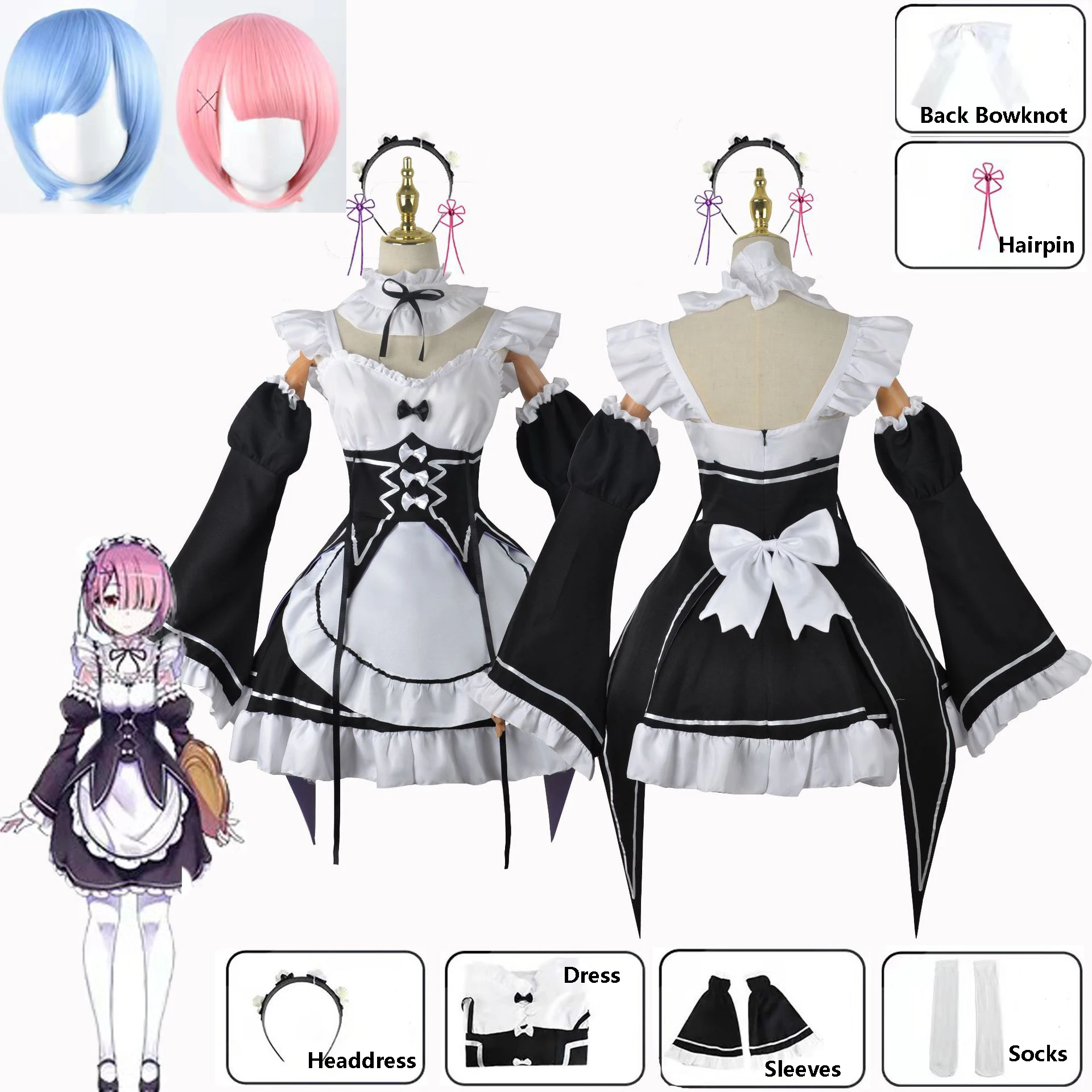 Anime Re:Zero Rem Ram Cosplay Maid Costume Life In A Different World From Scratch Twin Sisters Rem Ram Maid Dress