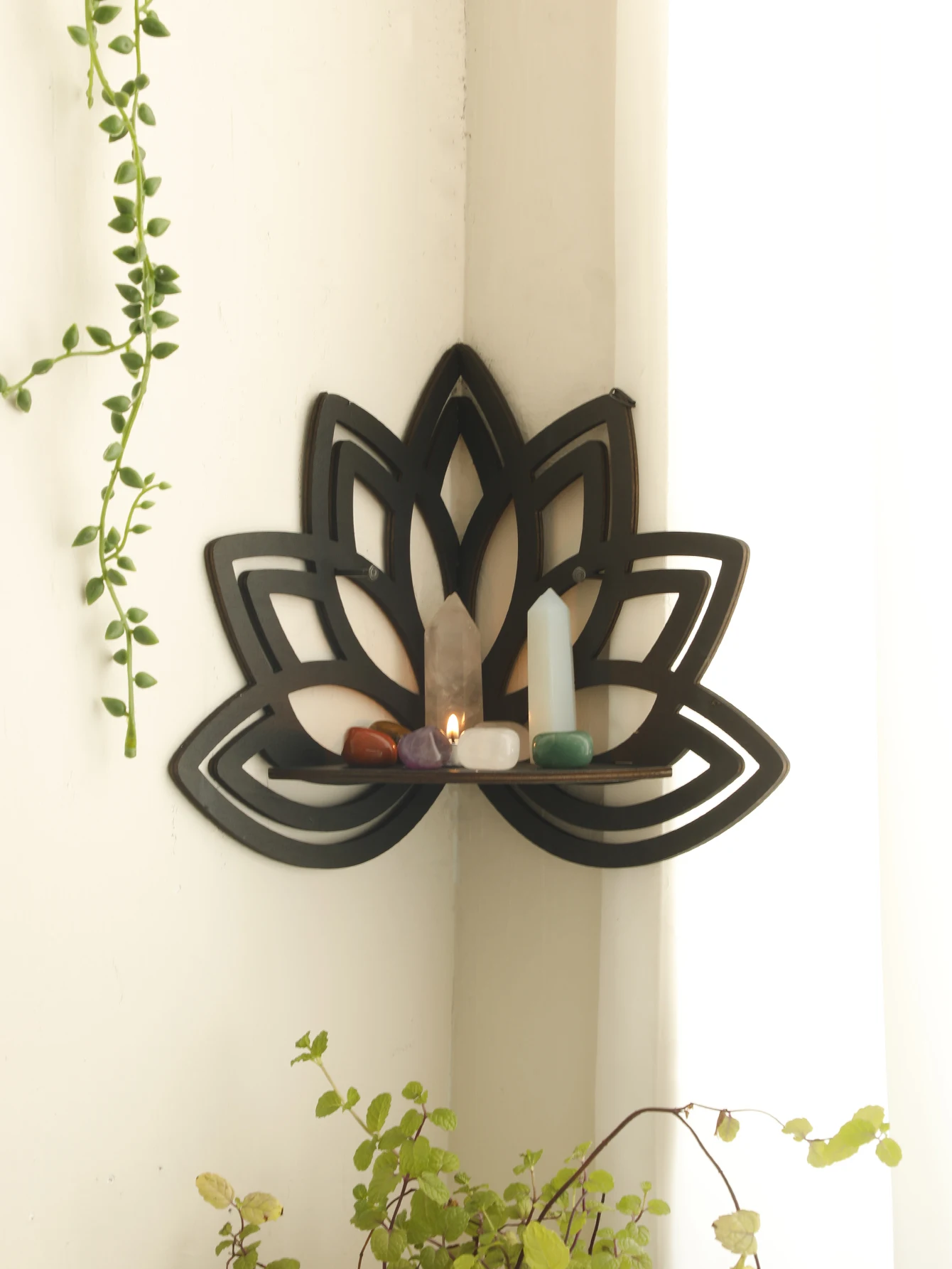 Lotus Eckregal Holz schwebendes Regal Boho Home Dekoration Wandregale Display Stand Raumdekorationen Ästhetischer Kristallhalter