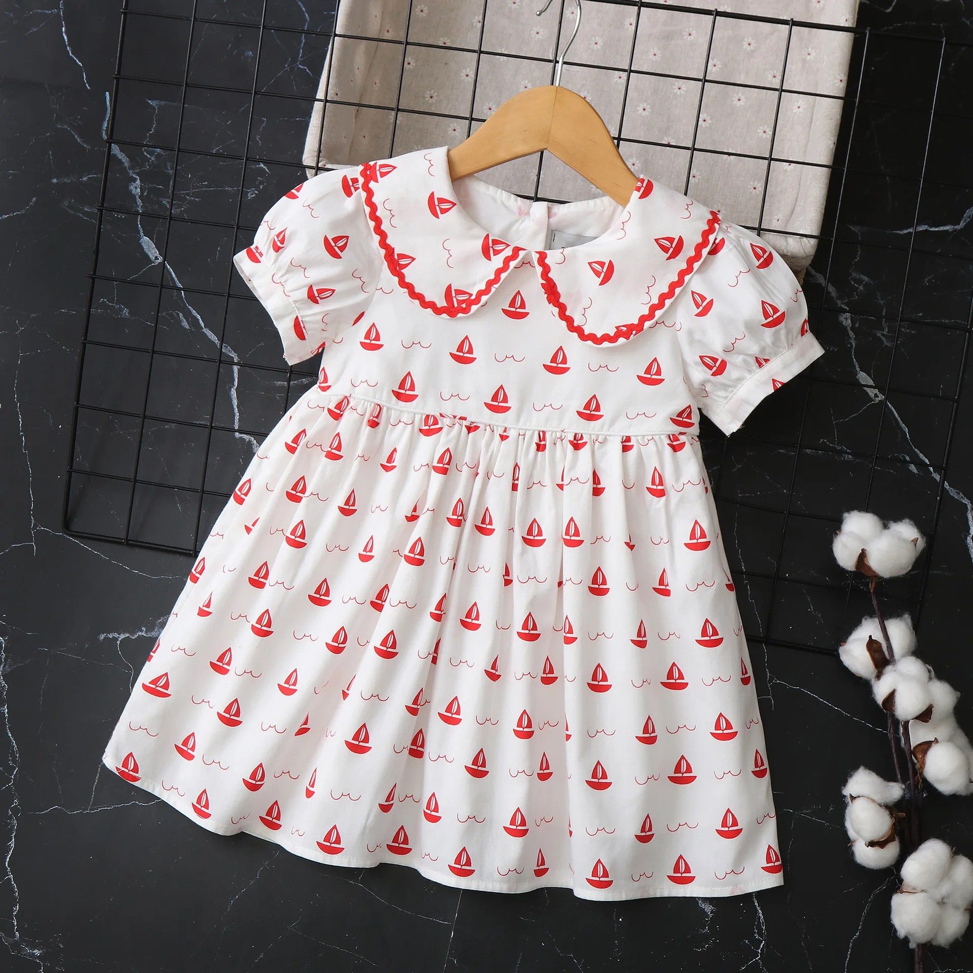 

Small Sailboat Cotton Girls dress Short Sleeve Summer Class A Children's Princess clothes 2025 New