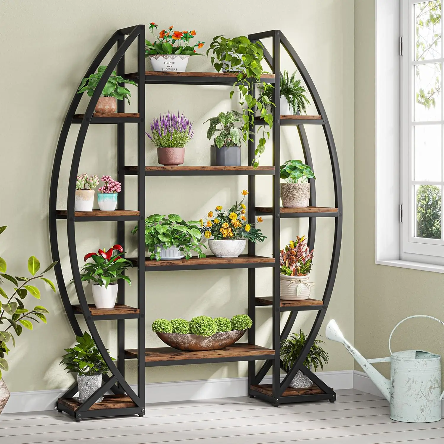 Suporte de planta de 5 camadas interno, grande prateleira de planta em forma de meia lua, rack de vaso de flores oval curvo industrial para sala de estar, varanda