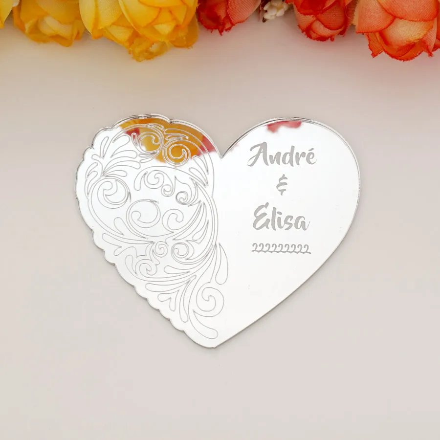 20pcs/Lot 6cm Custom Acrylic Mirror Heart Tags Personalized Name&Date Party Gift Guest Invitation Card Engrave Pattern Cup Tray