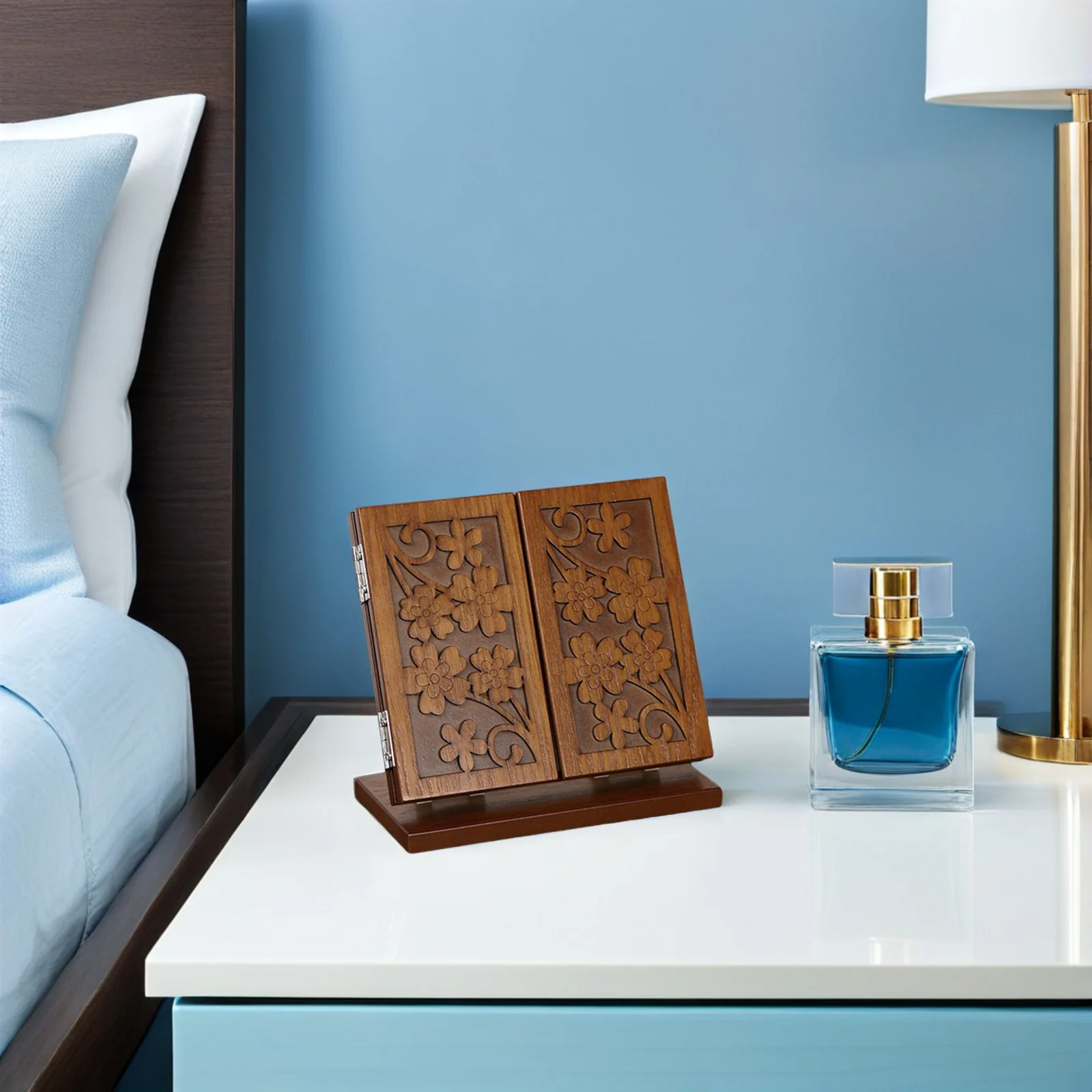 1 szt. Drewniane lusterko do makijażu z rzeźbionym wzorem, składane, trójstronne, biurkowe lusterko kosmetyczne, stabilna drewniana podstawa, czyste odbicie, do użytku domowego.