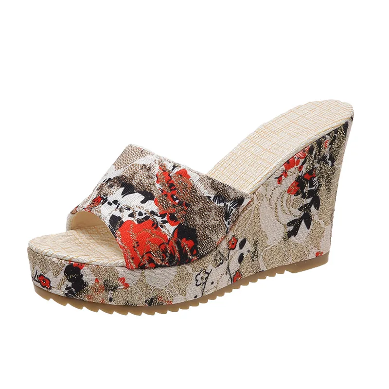 Zapatillas de plataforma con estampado Floral Vintage para mujer, zapatos de cuña con punta abierta, tacones altos con estampado Floral, Verano