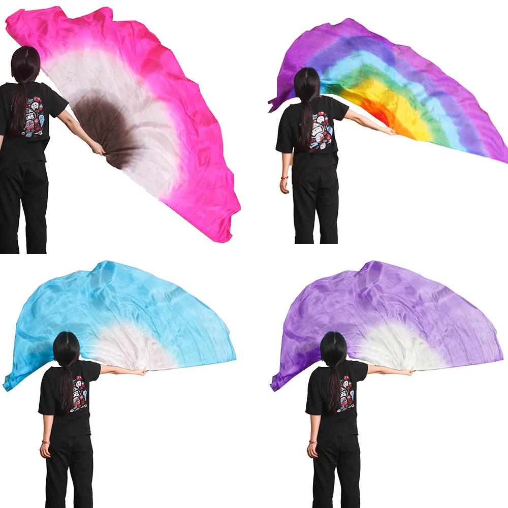 1PC 100% Silk Oriental Dance Silk Veils Isis Wings With Stick Stage Performance Props Tie Dye Half Circle Half round flag 150*90