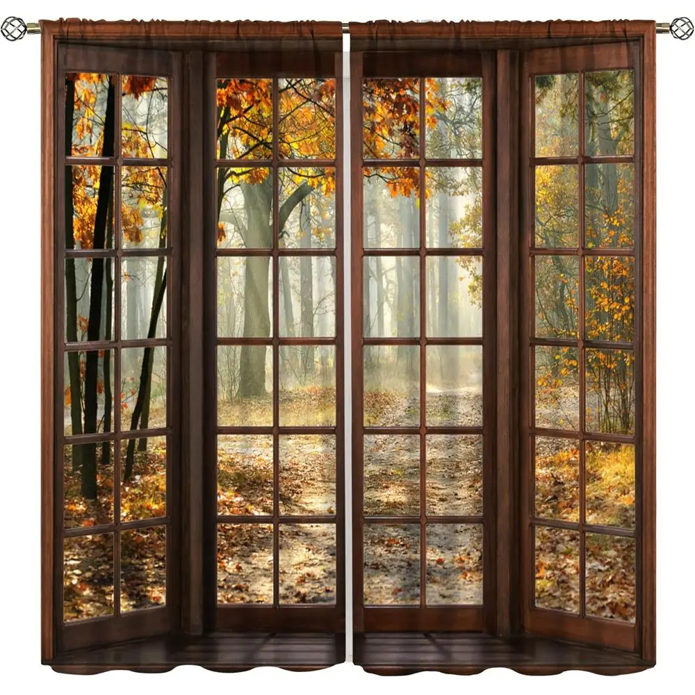 Autumn Themed Forest Tree Curtains, 84x84in Panels for Home Décor in Kitchen, Bedroom, Living Room