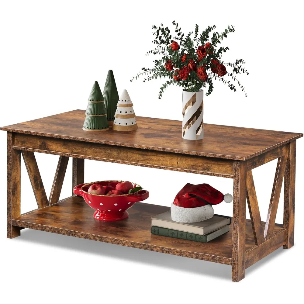

Coffee Table, 43" Farmhouse Coffee Table with Storage Shelf & Sturdy V-Shaped Support, Wood Center Table for Living Room,