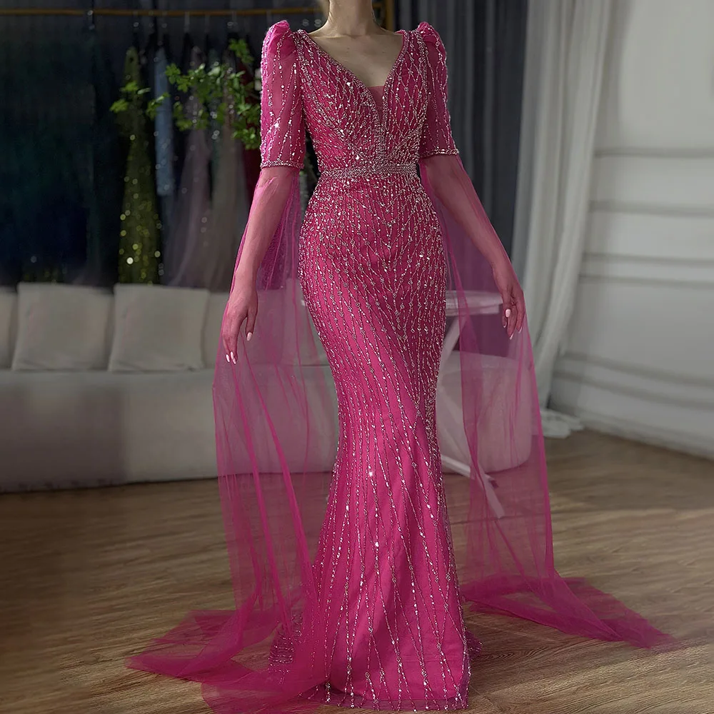 Serene Hill 2024 Saudi Arabia  Fuchsia Mermaid Cape Sleeve  Beaded Evening Gown for  Occasion LA72774 Customized