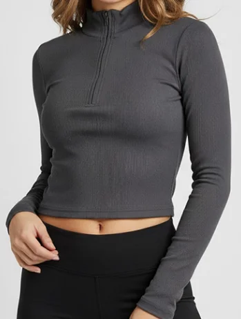 High Neck Elegant Sexy Simple Style Slim Fit Street Crop Tops 90s Pullover Blouse Women's Gray Knitted Half Zipper Long Sleeves