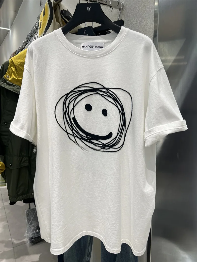 

Свободная женская футболка в корейском стиле с коротким рукавом, вышивкой, из хлопка, повседневная, с круглым вырезом, летняя модная новинка