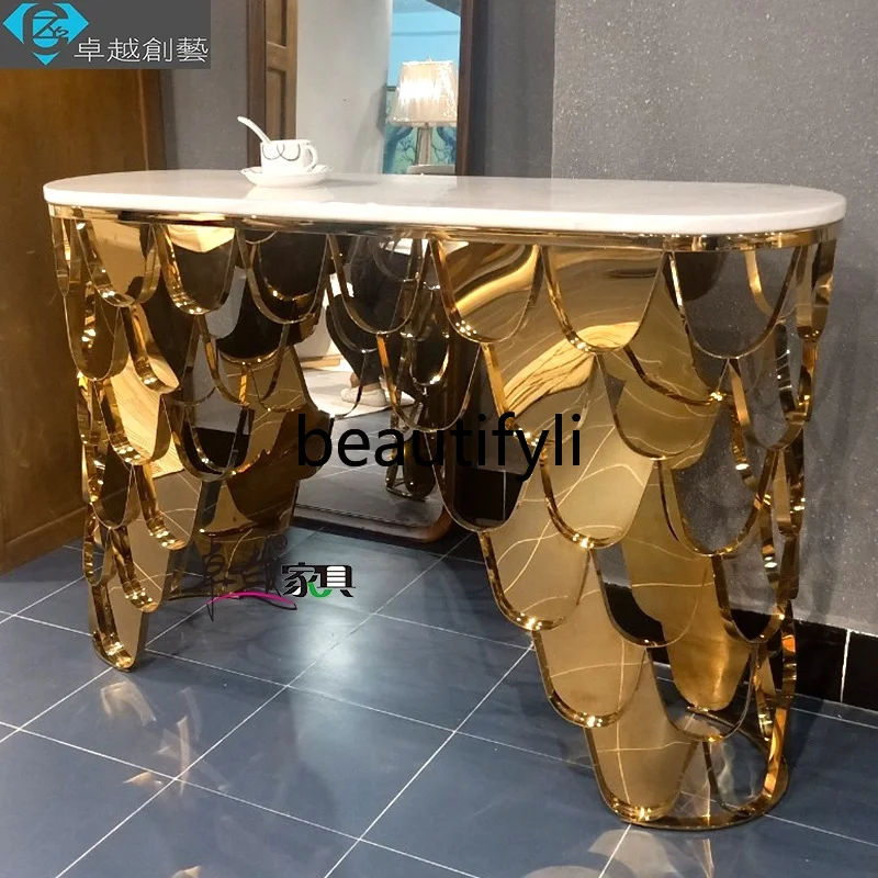 Simple modern art end view table marble special-shaped wall entry light luxury stainless steel fish scale entrance table