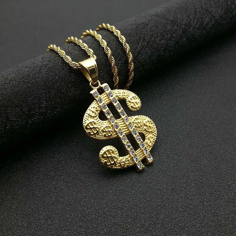 Steel Diamond Dollar Pendant Necklace Unisex Hip Hop Jewelry Chain Not Included