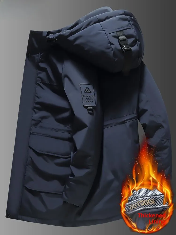 

Men's Mid-Length Thiened Cotton Jaet Winter Warm Outerwear Loose Fit Parka Sle Polyester Detachable Hood