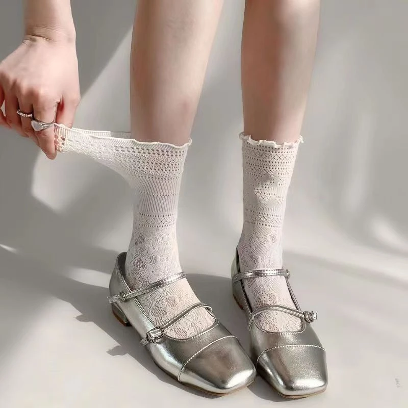 White Korean Fashion Hollow-out Lace Stockings for Spring And Summer Lolita Style Small Leather Shoes Compatible JK Socks