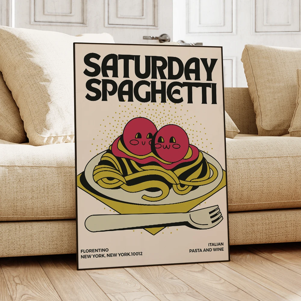 

Modern Cute Saturday Spaghetti Pasta Retro Wall Art Aluminum Frame Prints Canvas Painting Poster For Kitchen Room Home Decor