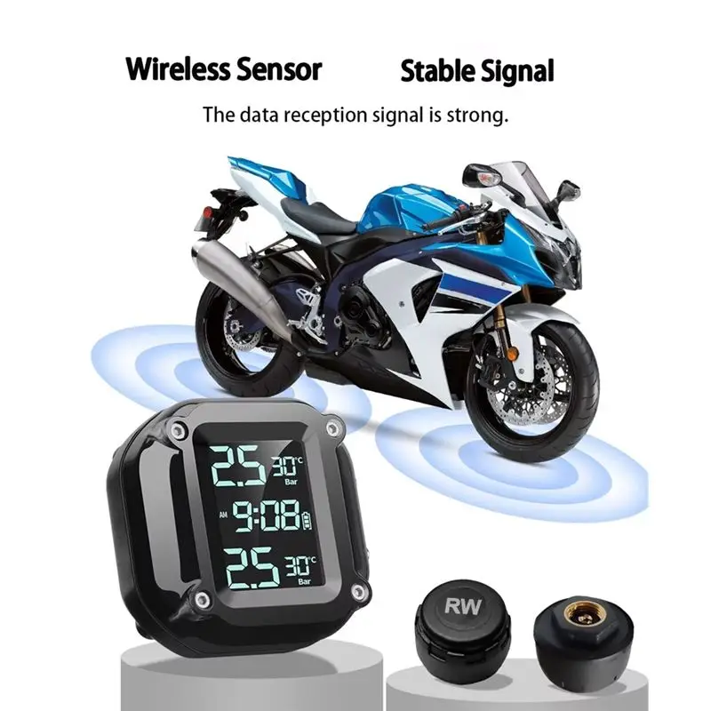 AASS-M5 Motorcycle Tire Pressure Monitor System For Motorcycle,Digital Display With External Sensors,Real-Time Pressure Alerts
