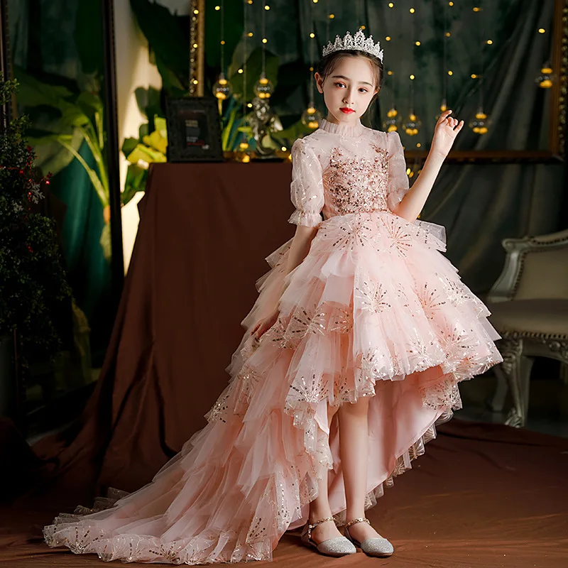 Teen Girls Formal Party Gown Kids Sequin Tutu Princess Dress Little Girls Cocktail and Evening Dresses Pink Classic High Low