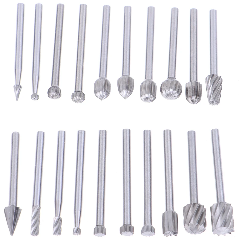 20pcs Tungsten Carbide Rotary Burr Set 3mm Shank Single Cut Diamond File Rotary Tool Kit For Wood Metal Dremel Drill Bits