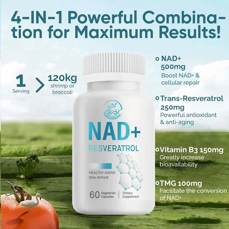 4 en 1NAD+suplemento 1000MG absorción máxima -60 cápsulas promueven el metabolismo energético, la reparación del ADN parece más joven