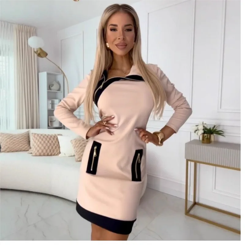 

Fashion Elegant Women's Dress 2025 Slim Hip-hugging Dresses Irregular Slanted Collar Zipper Long Sleeves Mini Dress Commuting