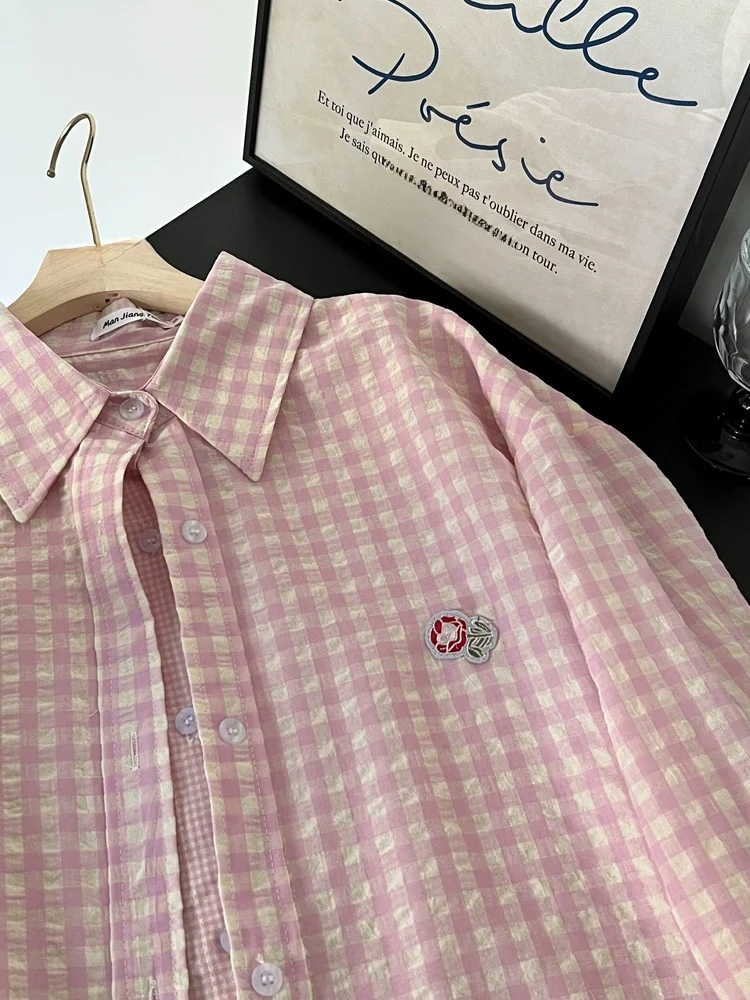 Sweet Pink Plaid irt Women's Casual Spring Autumn New Sle Small Size Top Coat Korean Version Loose Fit Button Detail