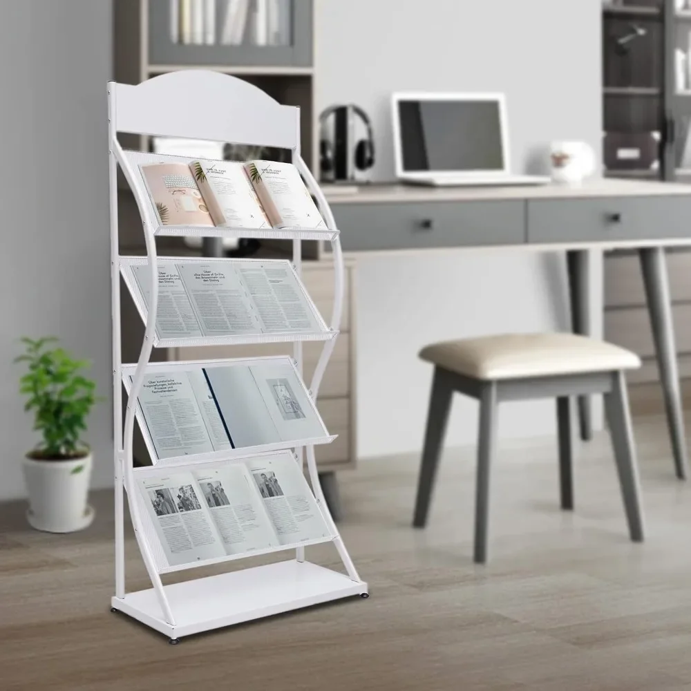 Floor-Standing Magazine Rack, 4-Layer Floor Literature Organizer Rack, 4-Layer Iron Magazine Rack with Advertising Board(White)