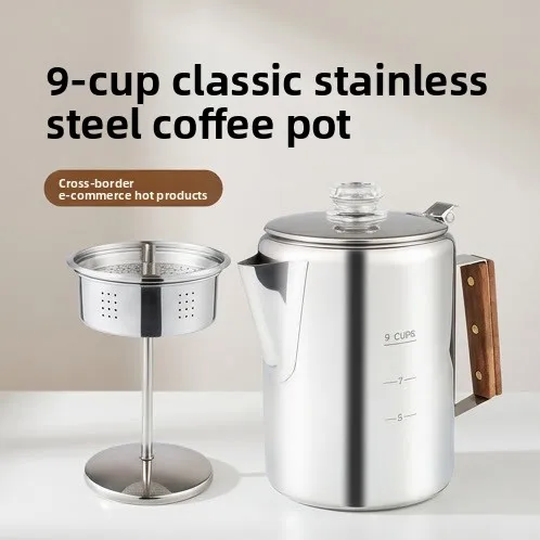 Outdoor camping stainless steel American coffee pot 9 cups large capacity with scale lightweight picnic stainless steel brewing