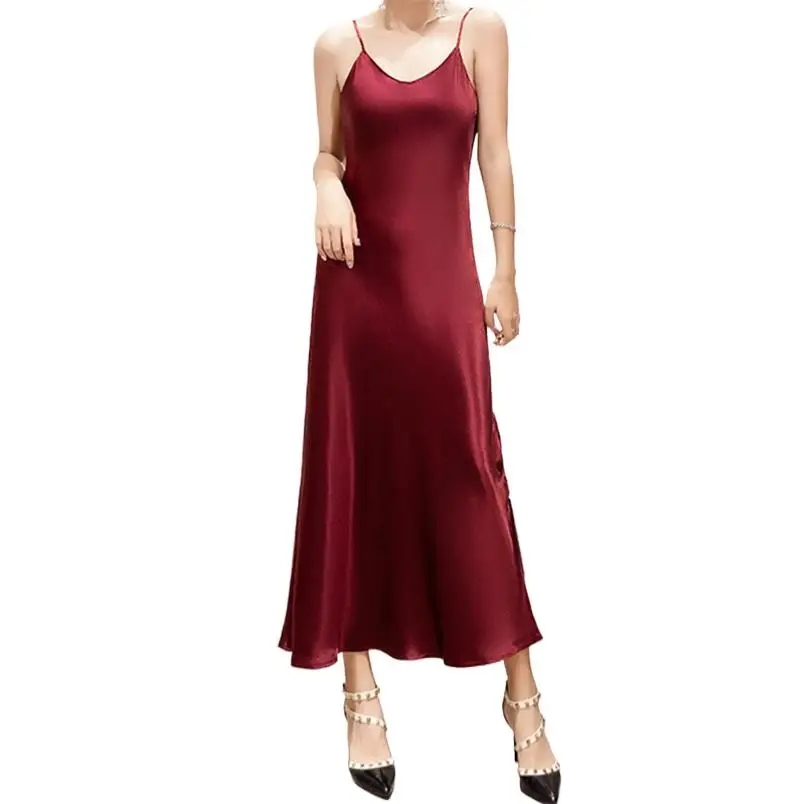 

V-Neck Satin Spaghetti Strap Dress Solid Silk Sleeveless Evening Party Vestidos Burgundy Black Blue Long Gown High Street Dress