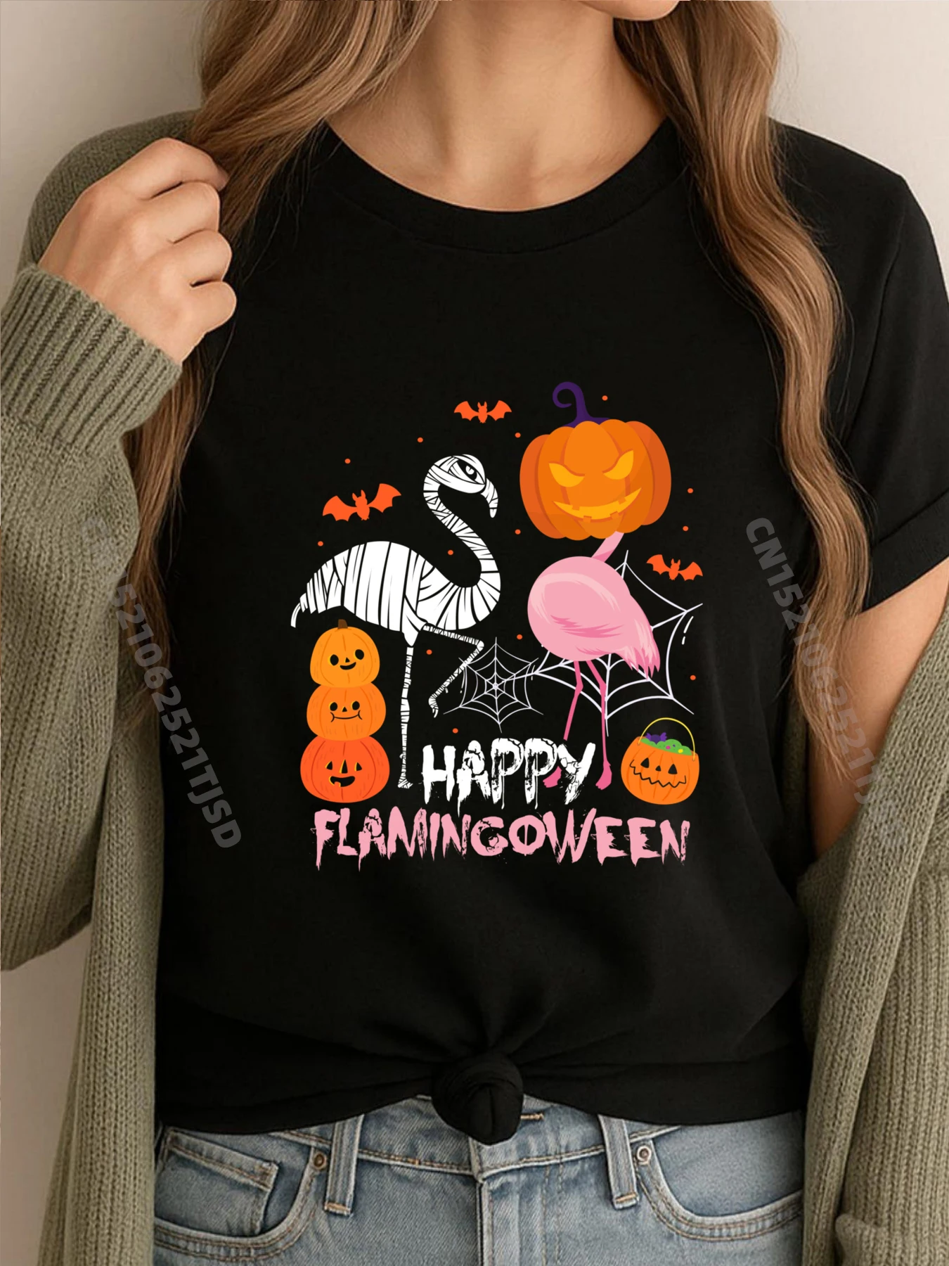 

Happy Flamingoween Скелет Тыква Забавные футболки Мужская футболка для женщин Негабаритные