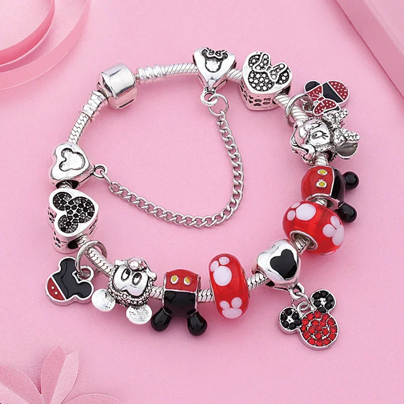 

Classic Red Crystal Disney Mickey Minnie Pendant Bead Bracelet Silver Color Heart Charm Jewelry Bracelet Pulsera Mujer