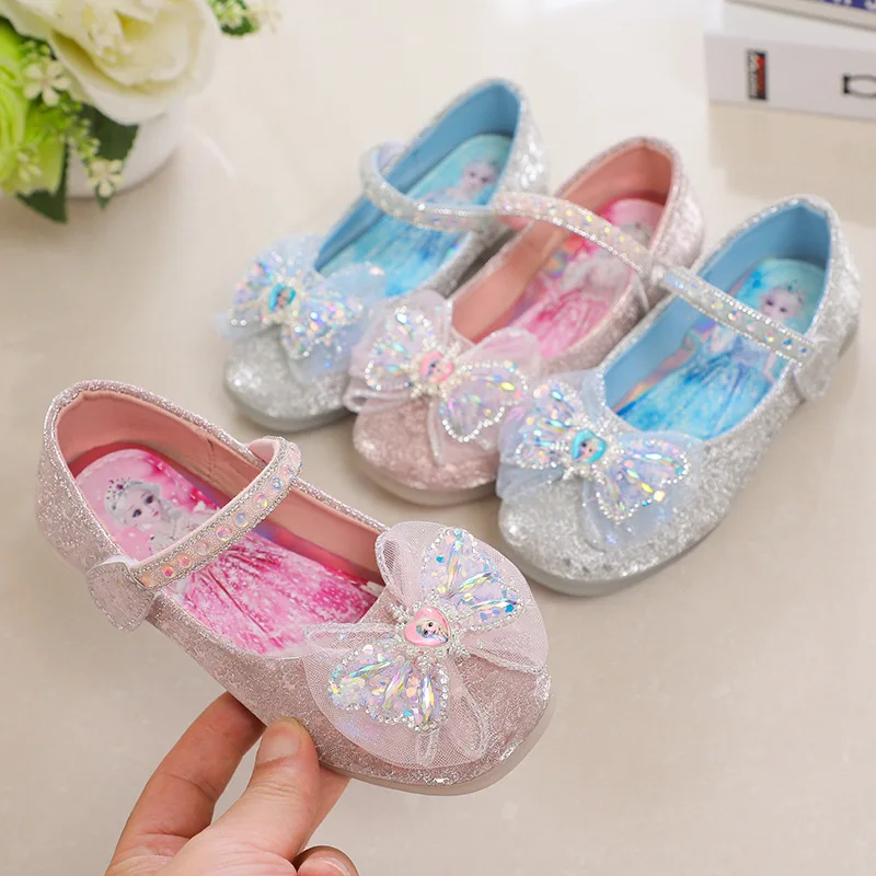 Girls Princess Elsa Crystal Shoes Sweet Cute Bow Girl Soft Sole Single Shoes Summer Flat Sandals Children\'s Small Leather Shoes