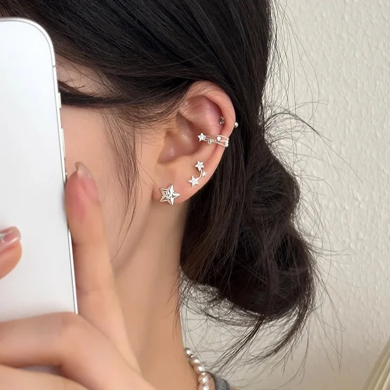Sweet 925 Sterling Silver Tiny Zircon Star Series Meteor Stud Earrings for Women Star Ear Clip Girlish Style Jewelry Allergy
